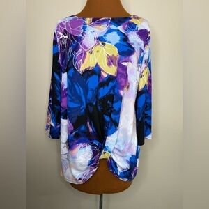 Dana Buchman Pullover Front Knot Blue and Purple Floral Blouse Size Medium